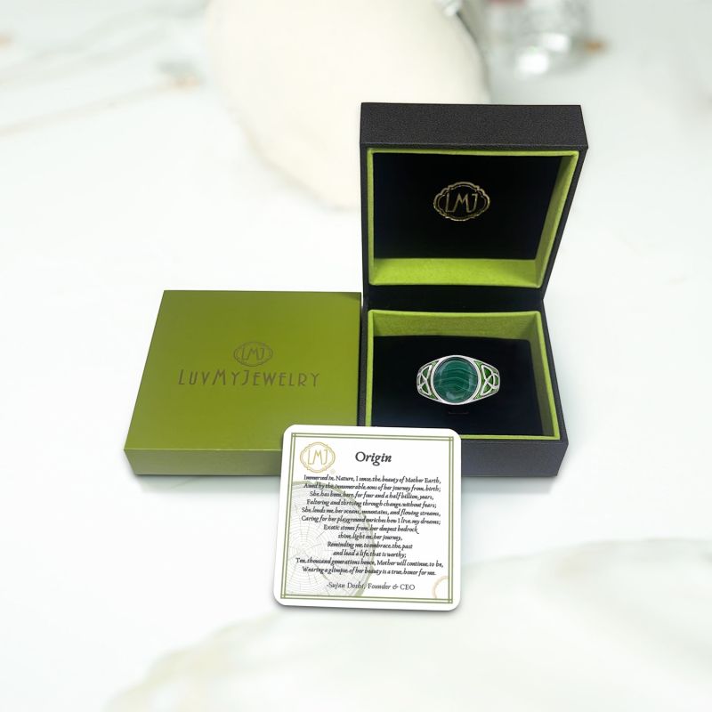 Malachite Cabochon Flat Back Stone Signet Ring In Sterling Silver With Enamel image