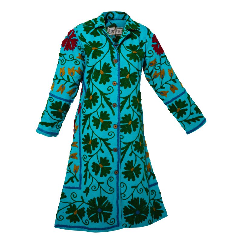 Malika Coat - Suzani Embroidery Green On Turq Blue  Small image