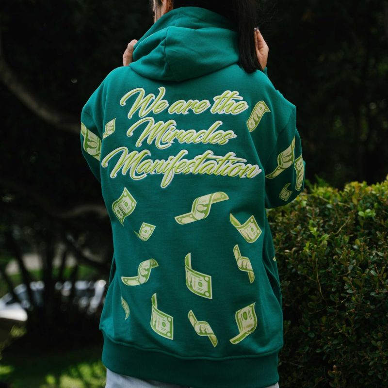 Manifestation Embroidered Hoodie With Rhinestone Design - Green image