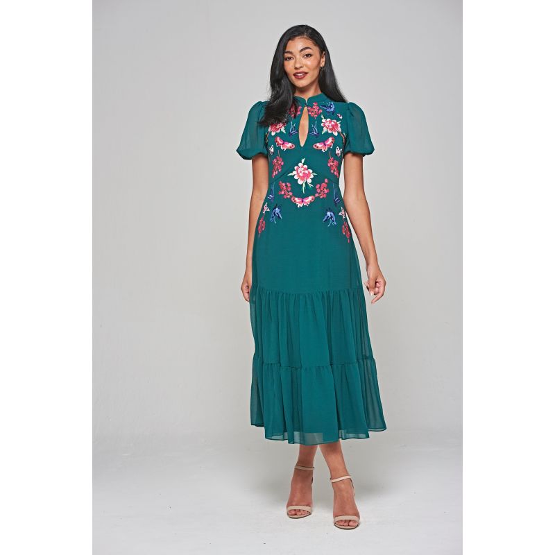 Marella Floral Embroidered Midi Dress Alpine Green Frock and Frill
