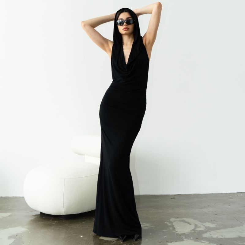 Martini Open Back Hooded Long Black Dress image