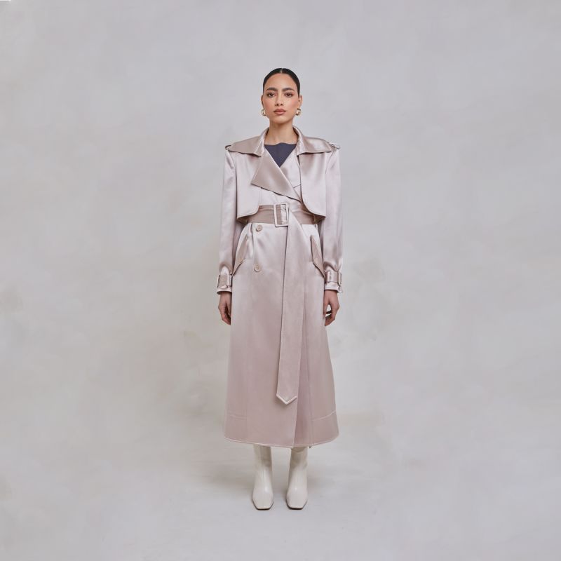 Maryam Beige Belted Satin Trench Coat image