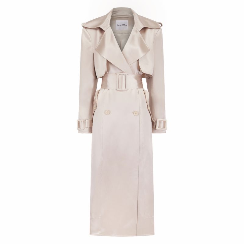 Maryam Beige Belted Satin Trench Coat SAMEERA Wolf & Badger
