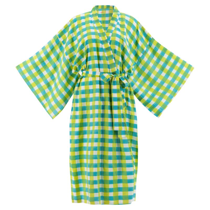 Maxi Lena Organic Cotton Long Lounge Kimono Robe With Obi Belt Tie And Hidden Sleeve Pockets In Citrus Yellow Green And Blue Gingham Block Print image