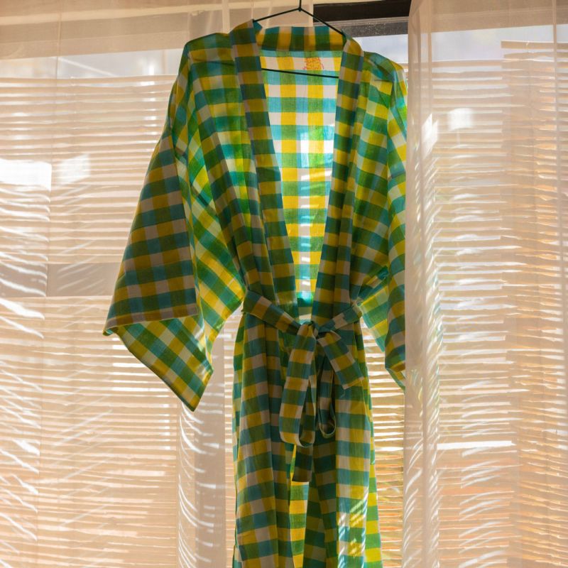 Maxi Lena Organic Cotton Long Lounge Kimono Robe With Obi Belt Tie And Hidden Sleeve Pockets In Citrus Yellow Green And Blue Gingham Block Print image