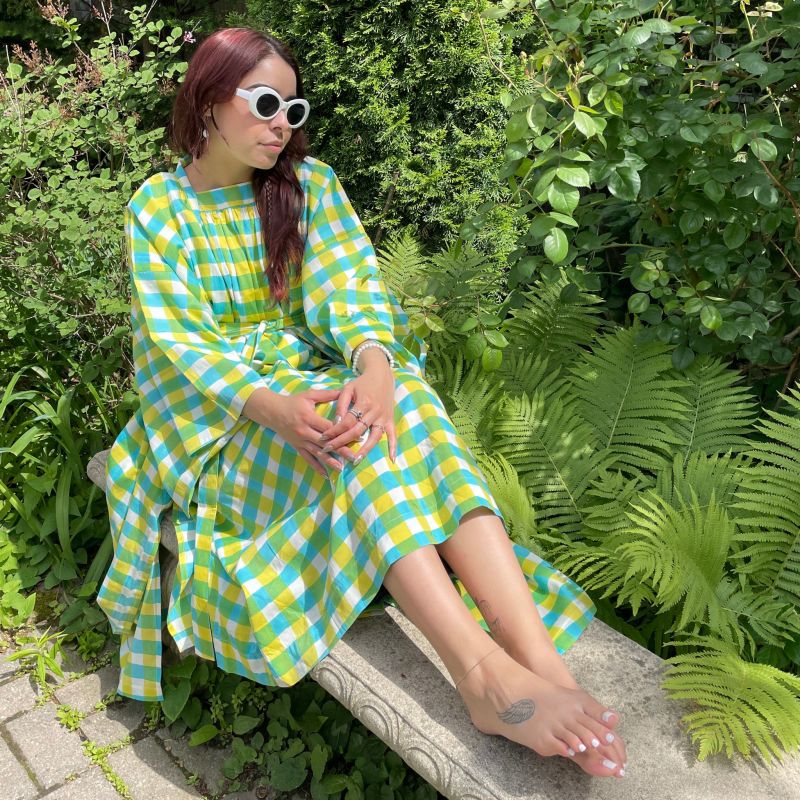 Maxi Lena Organic Cotton Long Lounge Kimono Robe With Obi Belt Tie And Hidden Sleeve Pockets In Citrus Yellow Green And Blue Gingham Block Print image