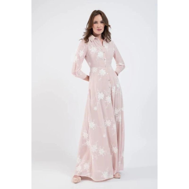 Maxi Pink Rose Shirtdress With Floral Embroidery | IZABELA MANDOIU ...