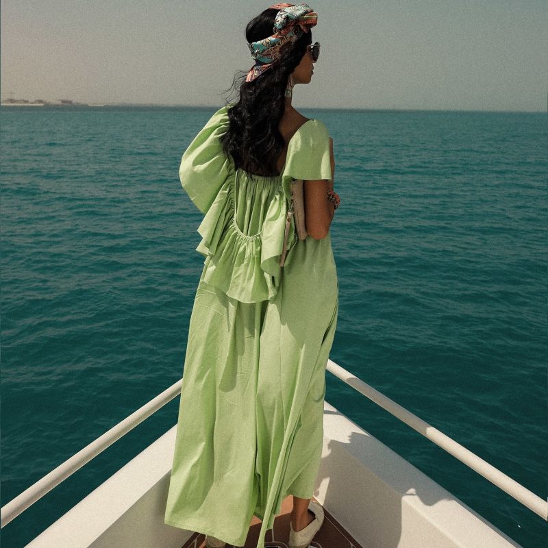 Maxi Style Dress With Flared Sleeve -Lettuce Green image