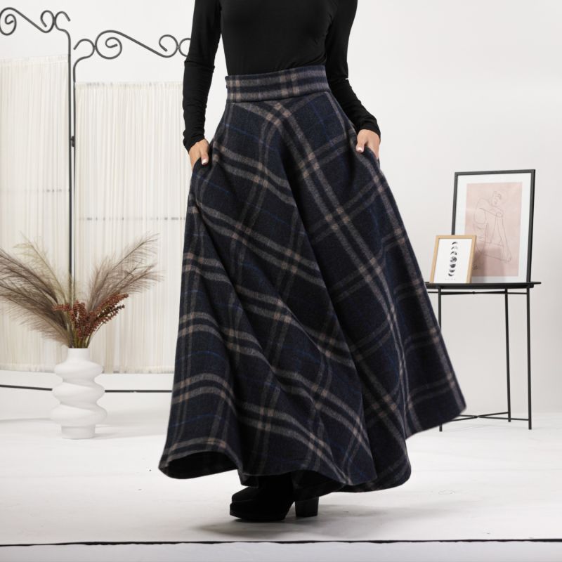 Wool Tartan Plaid Floor Length Skirt With High Waist And Pockets image