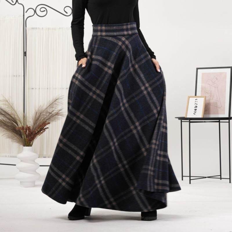 Wool Tartan Plaid Floor Length Skirt With High Waist And Pockets image