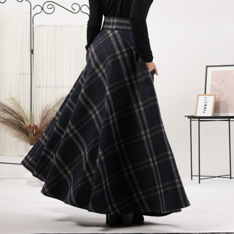 Wool Tartan Plaid Floor Length Skirt With High Waist And Pockets image