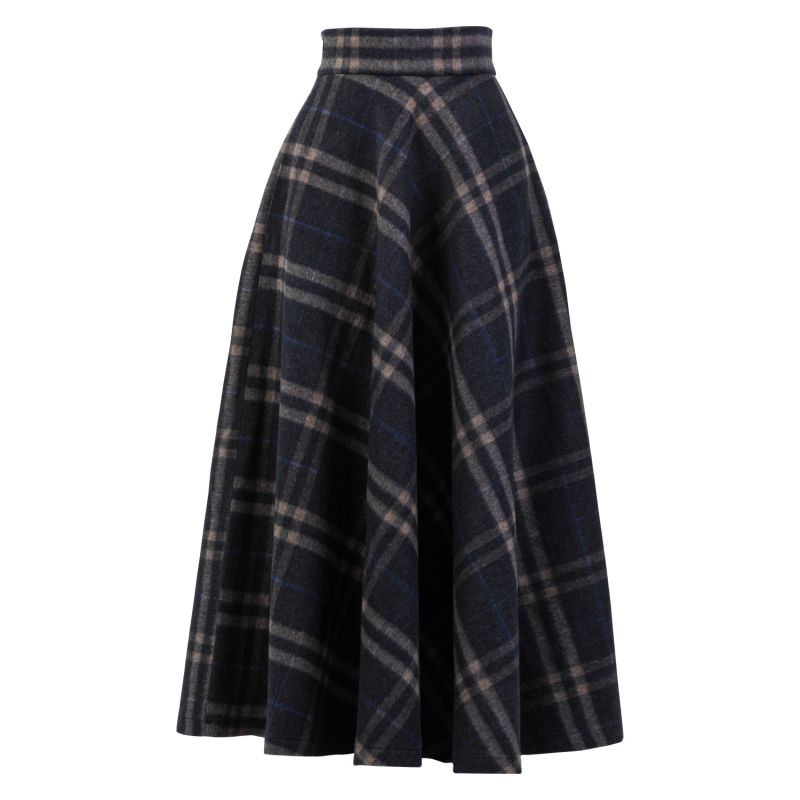 Wool Tartan Plaid Floor Length Skirt With High Waist And Pockets image