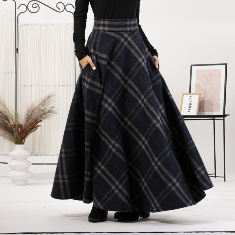 Wool Tartan Plaid Floor Length Skirt With High Waist And Pockets image