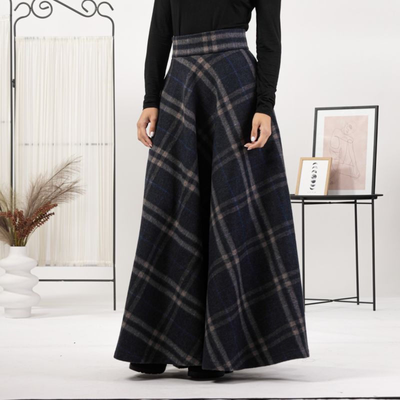 Wool Tartan Plaid Floor Length Skirt With High Waist And Pockets image