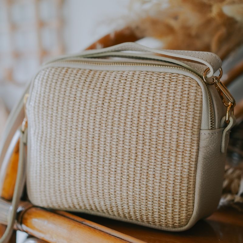 Maya Raffia Straw And Leather Crossbody Bag In Blush Betsy & Floss