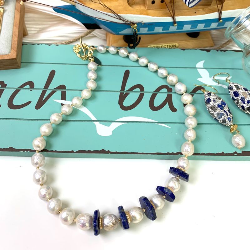Freshwater Pearls With Lapis Statement Necklace image