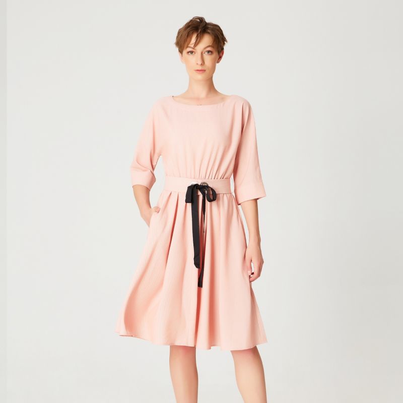 Wide-Belt Flared Dress - Salmon image