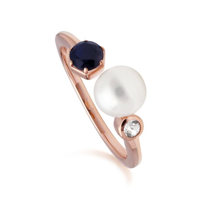 Sapphire, Pearl & Topaz Open Ring In Rose Gold Plated Silver image