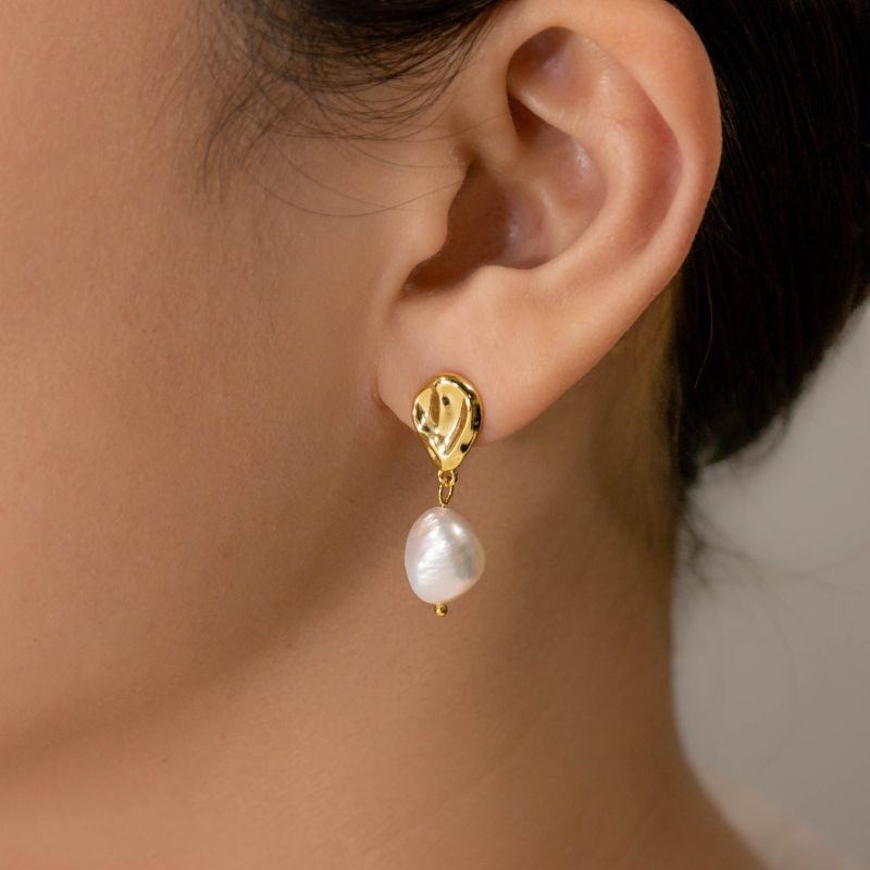 Ripples Baroque White Pearl Gold Earrings image