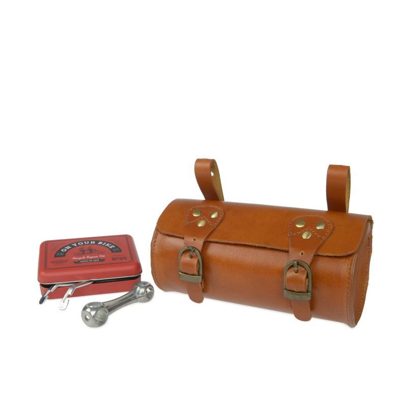 Leather Bike Saddle Bag In Tan With Repair Kit image