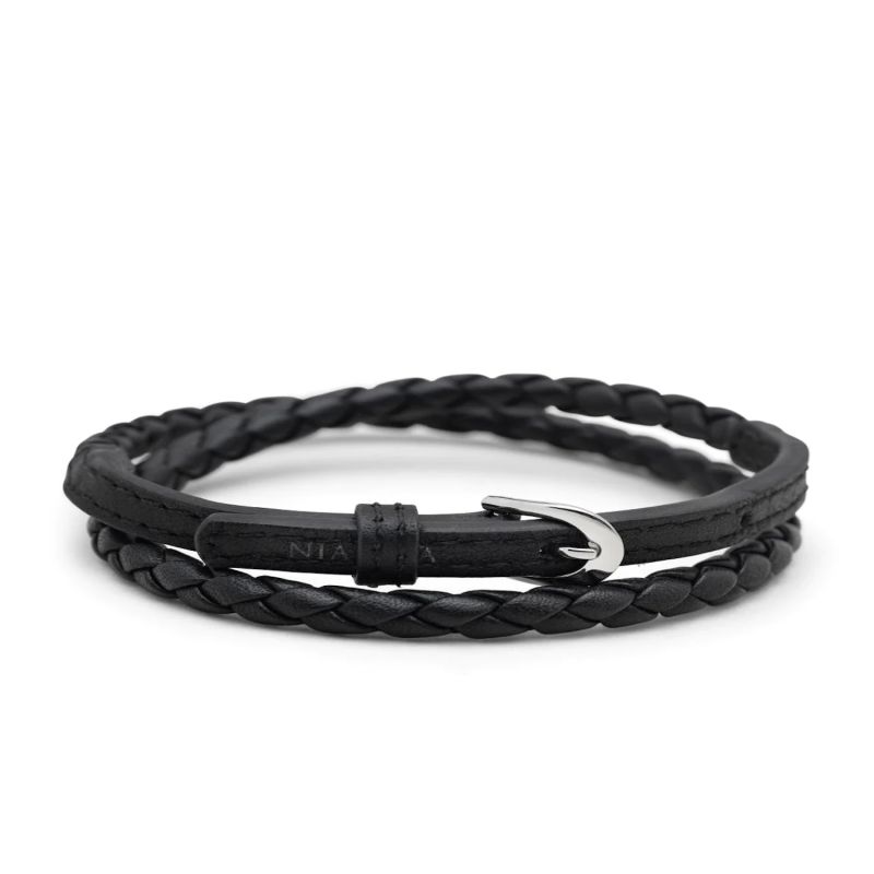 Men s Black Wrap Around Leather Bracelet With Buckle Closure by Nialaya