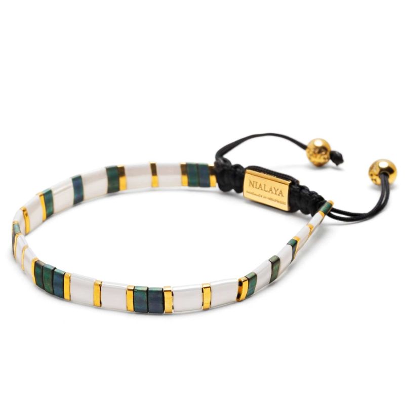 Men's Bracelet With White, Patina Green And Gold Miyuki Tila Beads image