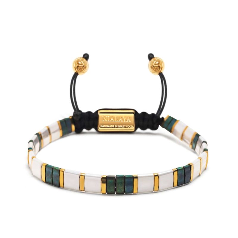 Men's Bracelet With White, Patina Green And Gold Miyuki Tila Beads image
