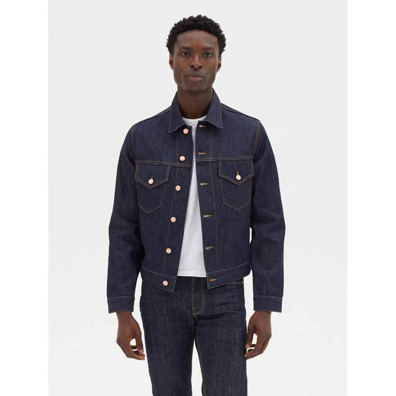 Men's Denim Trucker Jacket In Raw Indigo Selvedge | Hegarty | Wolf