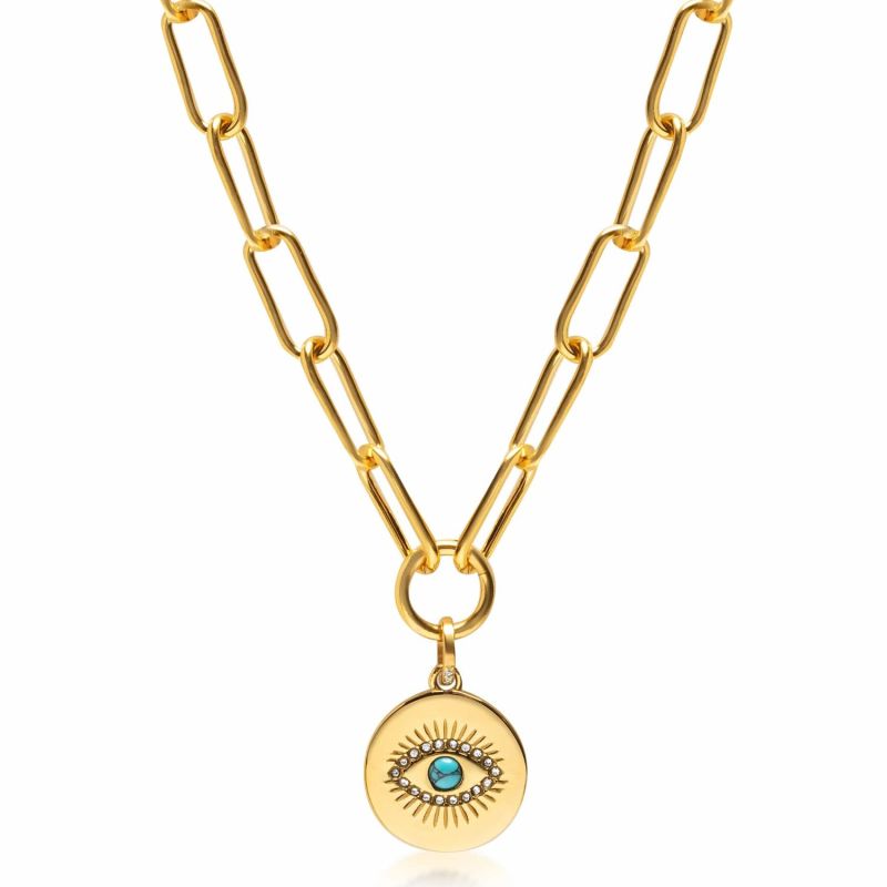 Men's Gold Paperclip Chain With Evil Eye Coin image