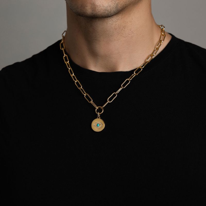 Men's Gold Paperclip Chain With Evil Eye Coin image