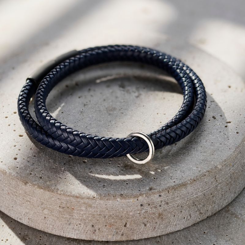 Men's Navy Blue Leather Message Bracelet image