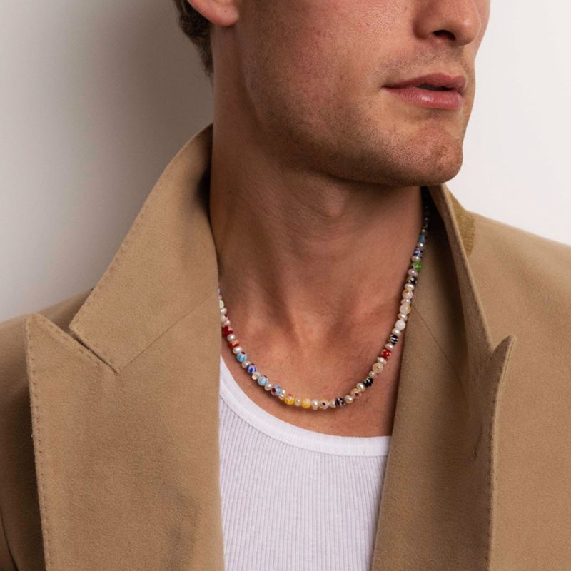 Men's Pearl Necklace with Hand-Painted Glass Beads