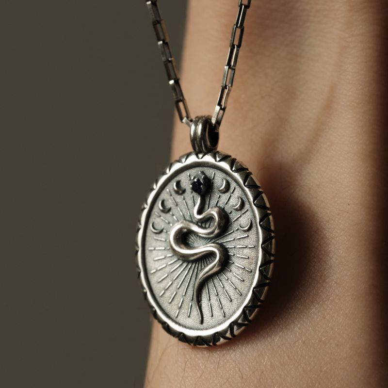 Men's Snake Talisman Necklace In Oxidised Silver image