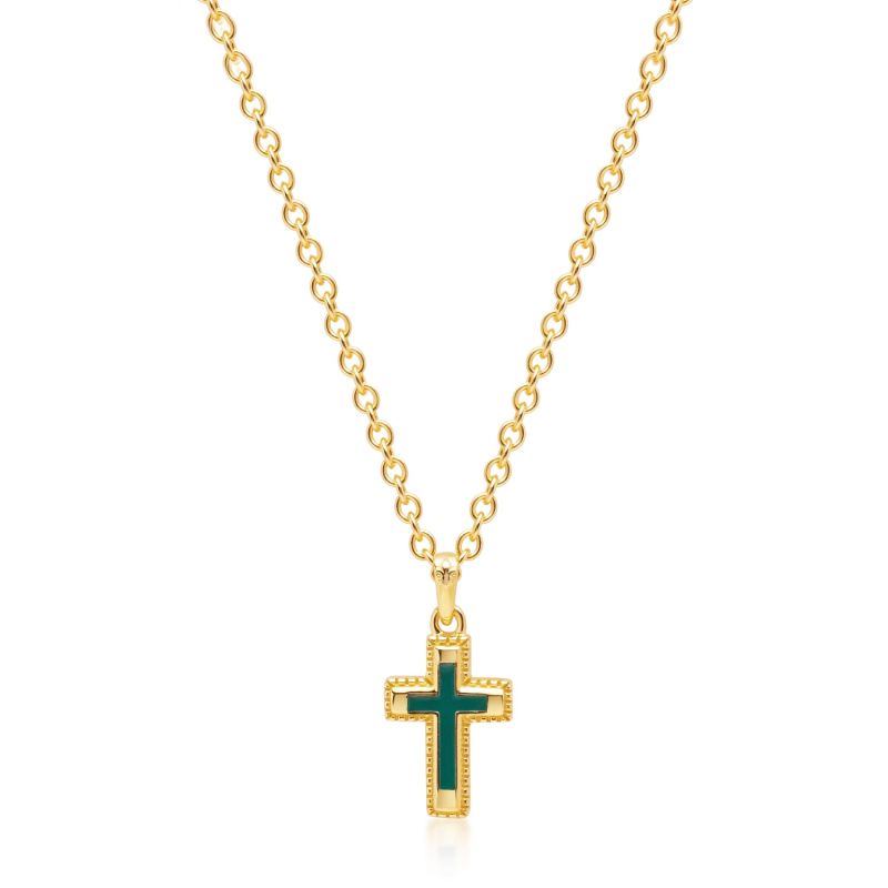 Men's Sterling Silver Gold Plated Mini Cross Necklace With Green Enamel image