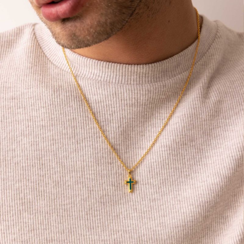 Men's Sterling Silver Gold Plated Mini Cross Necklace With Green Enamel image