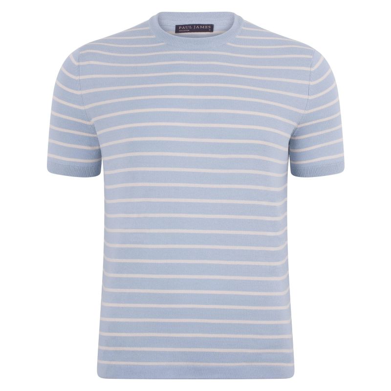 Mens Ultra-Fine Cotton Javier Knitted Pin Stripe T-Shirt - Chalk Blue image