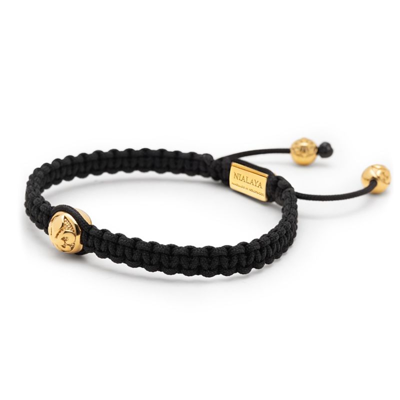 Mens Black String Bracelet With Gold Logo Bead Nialaya Wolf & Badger