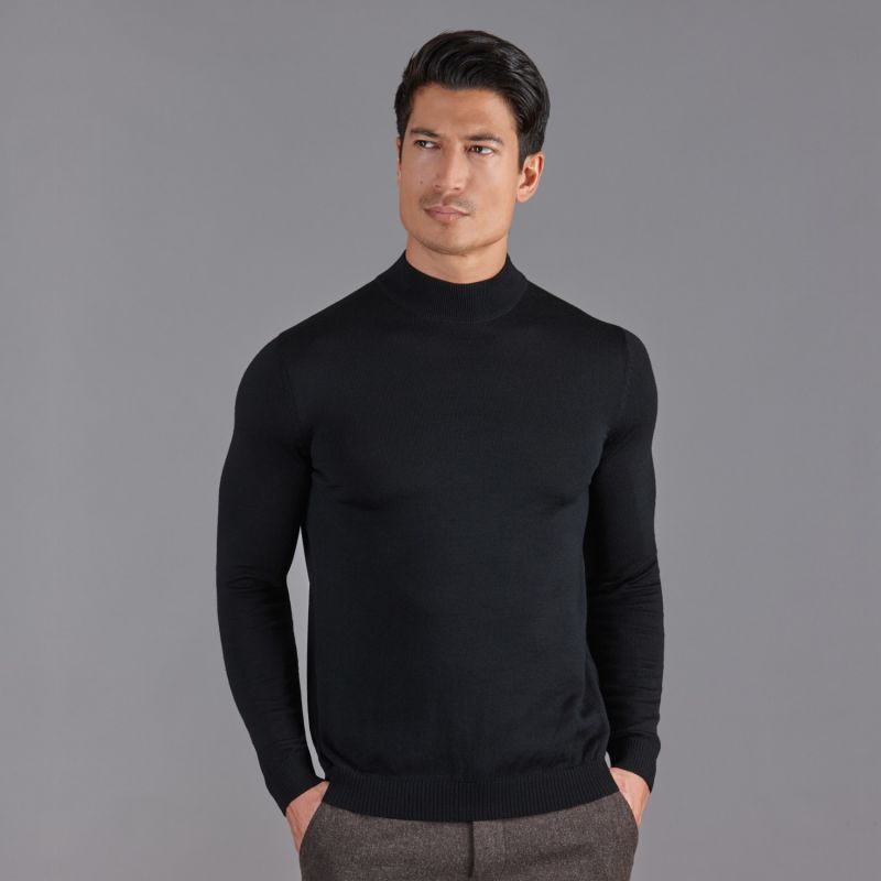 Mens Extra Fine Merino Wool Mock Turtleneck Shaw Jumper - Black | Paul ...