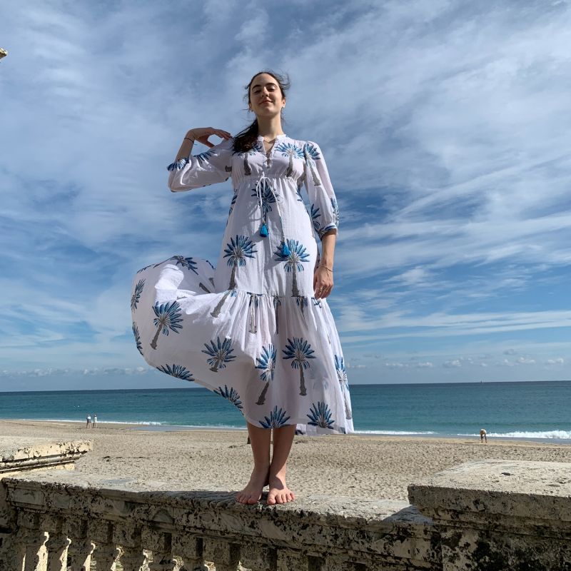 Mermaid Maxi Dress Palm Tree Fully Lined Handblock Cotton image