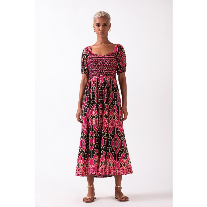 Merris - Pink & Black Midi Dress With Smocked Bodice image