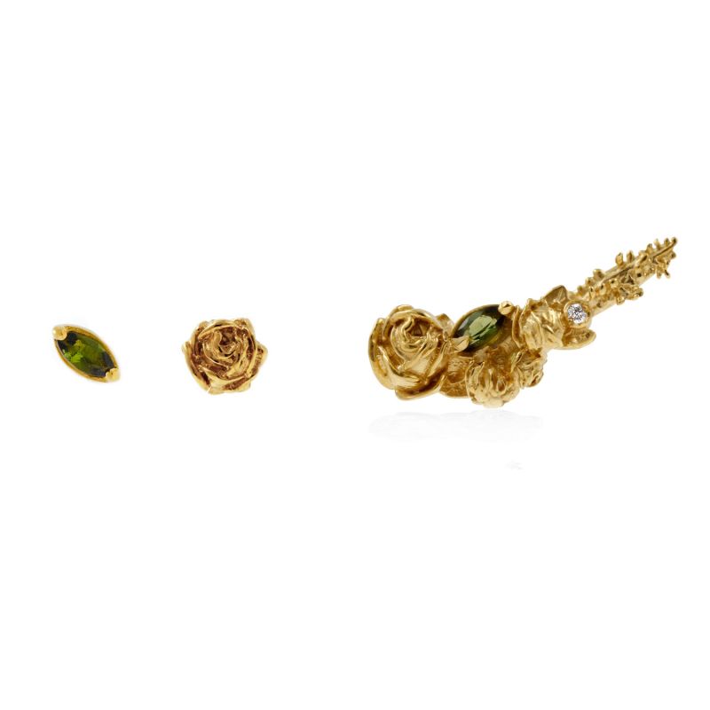 Three Earrings Set Gold Roses & Tourmalines - Gold image