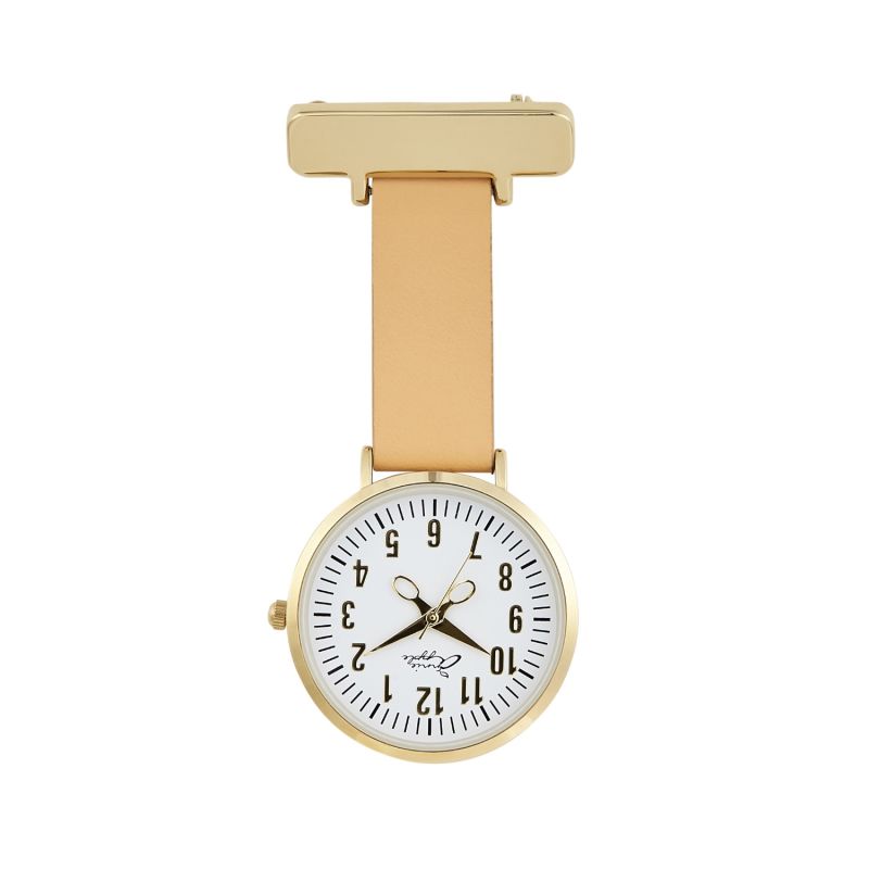 Annie Apple White Gold & Tan Leather Nurse Fob Watch image