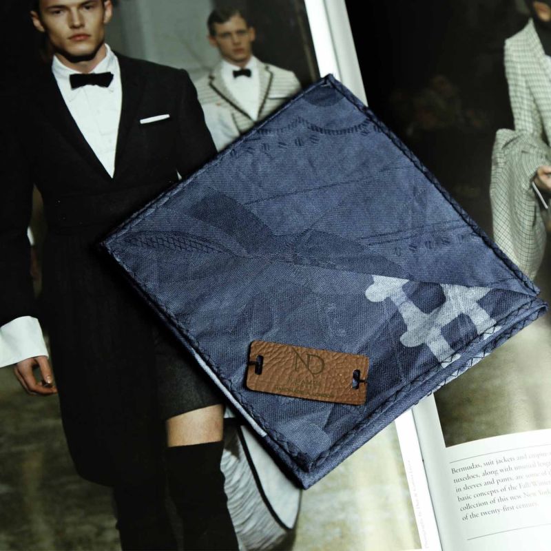 Regent Navy Blue African Print Pocket Square With Leather Label image