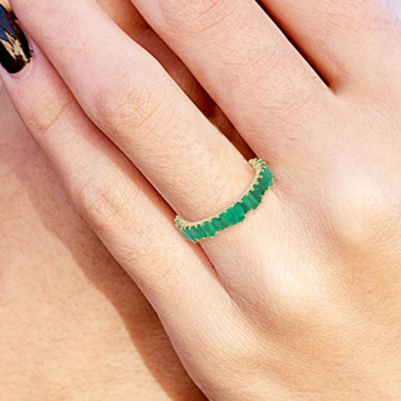 18K Solid Yellow Gold With Baguette Emerald Band Ring image