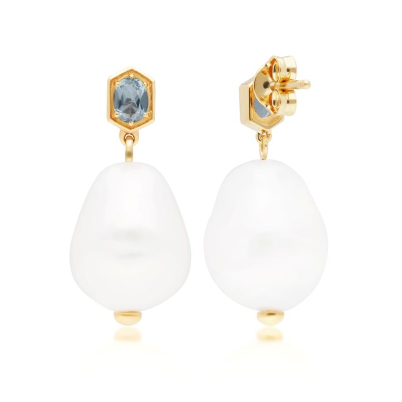 Baroque Pearl & Aquamarine Drop Earrings In Yellow Gold Plated Silver image