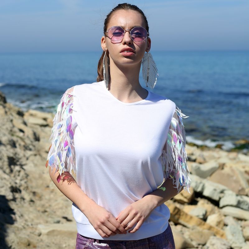 White Blouse With Large Sequin Sleeves image