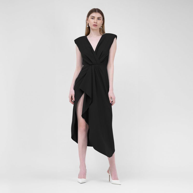 Midi Black Dress With Draping And Pleats image