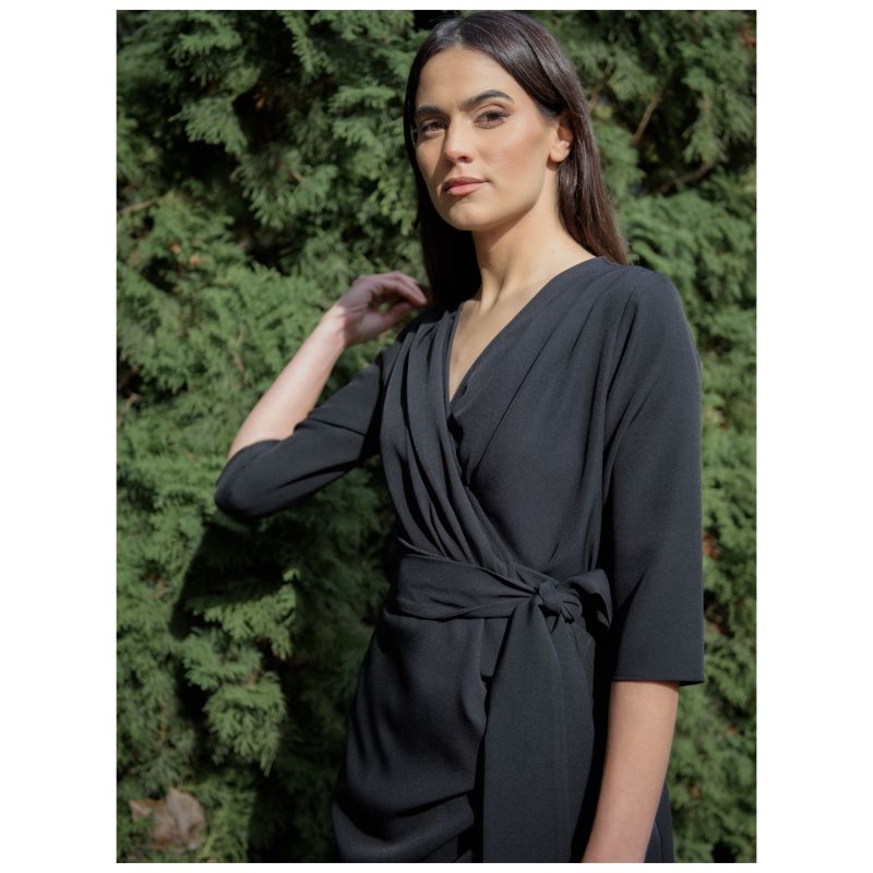 Three Quarter Sleeve Faux Wrap Midi Dress In Aqua Dust