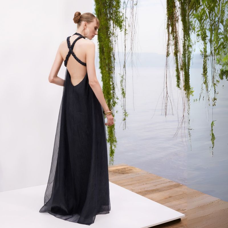 Midnight Sky - Knitted Straps, Black Maxi Dress With Low-Cut Back image