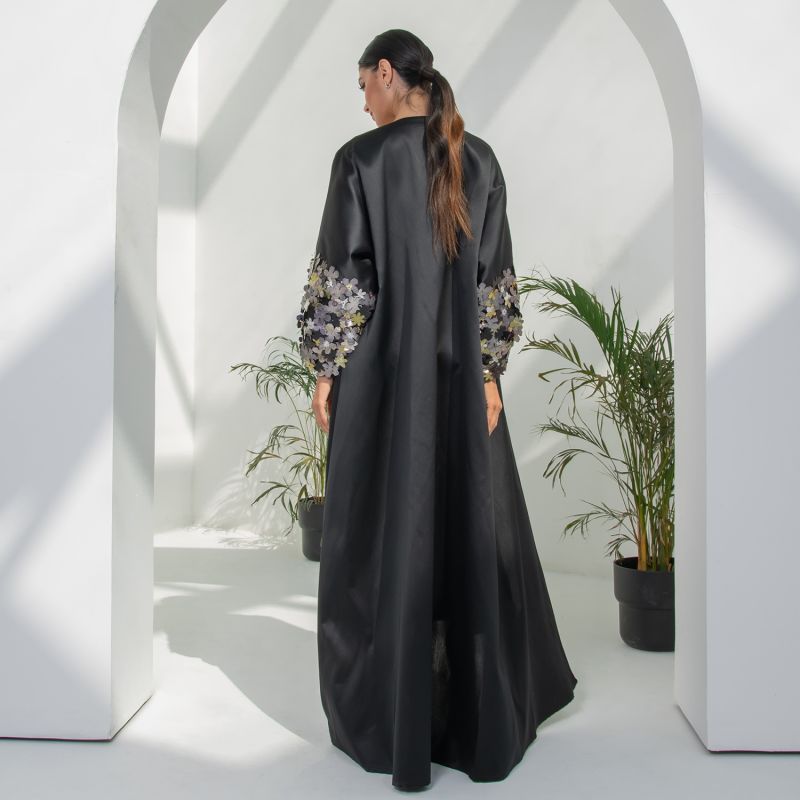 Mikado Abaya With Puffed Sleeves With Metalic Embroidered Floral Motifs ...